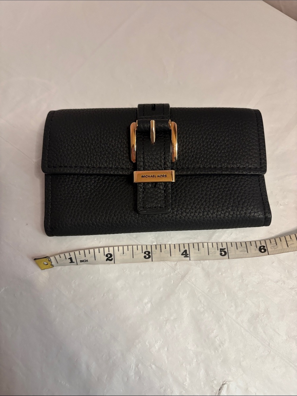 Michael Kors Black Pebbled Leather Wallet with Gold Buckle Accent